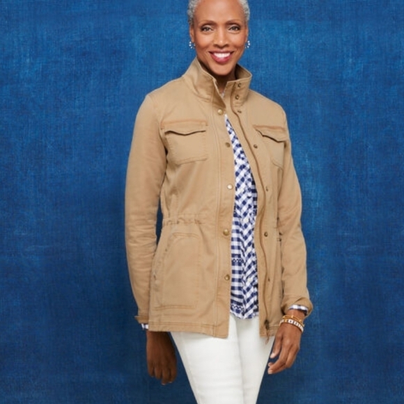 Talbots Stretch Twill Khaki Tan Cinch Waist Zip & Snap Front Field Jacket - Picture 2 of 16